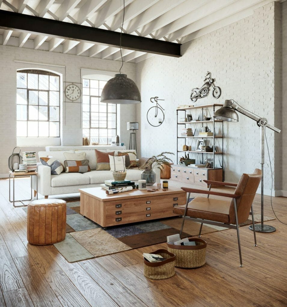 Séjour style industriel équipé d'objets en métal, d'un tapis en velours et de boiseries